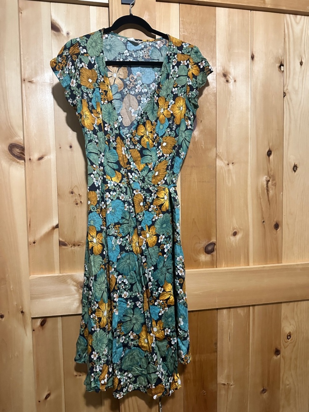 Floral Wrap Midi Dress in Teal and Mustard